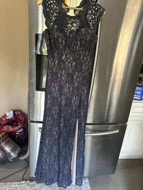 Diva Navy Blue Lace Evening Gown with Embellished Shoulders